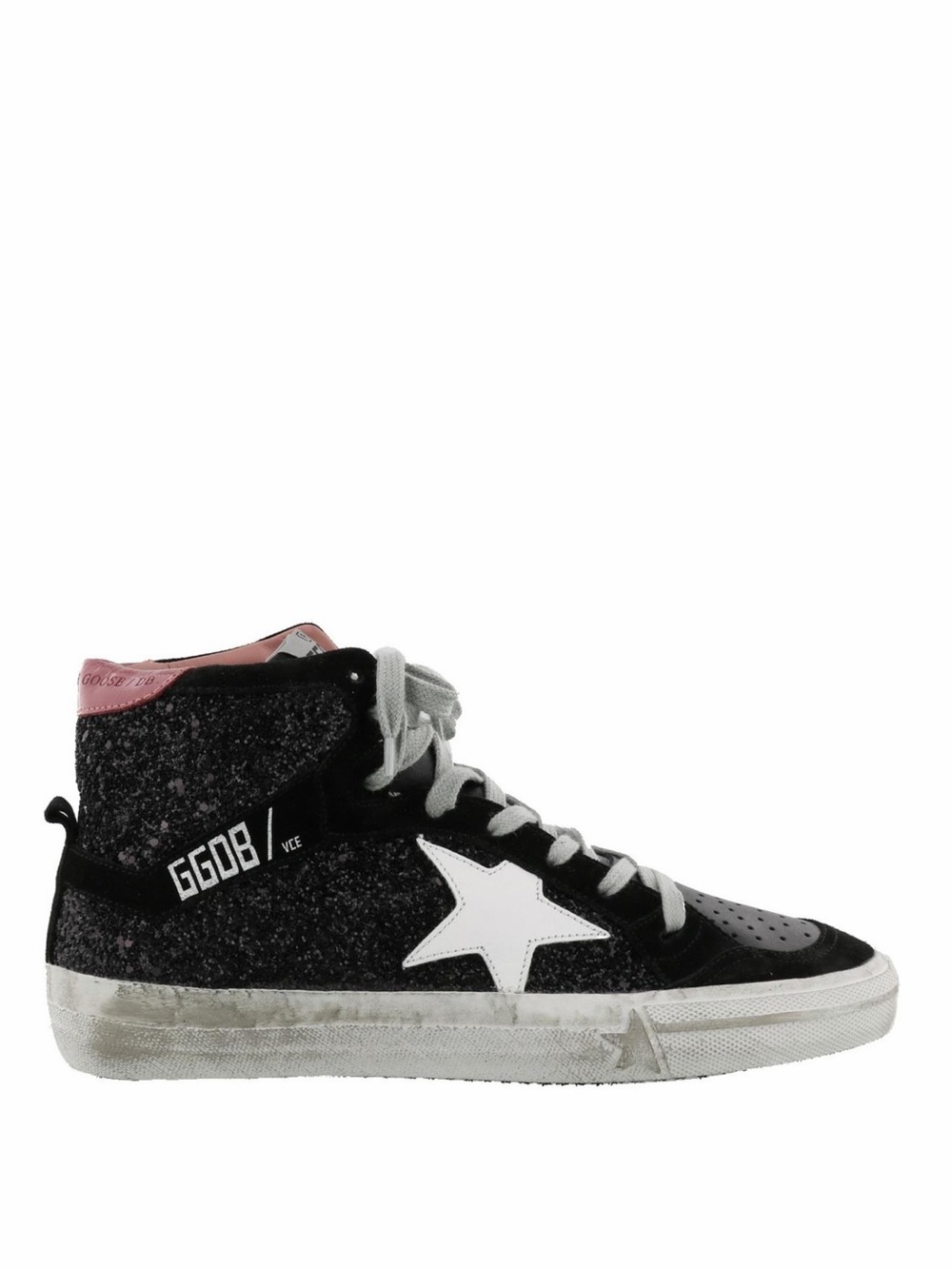 Golden Goose Black Glitter High-Top Sneakers with White Star and Pink Collar